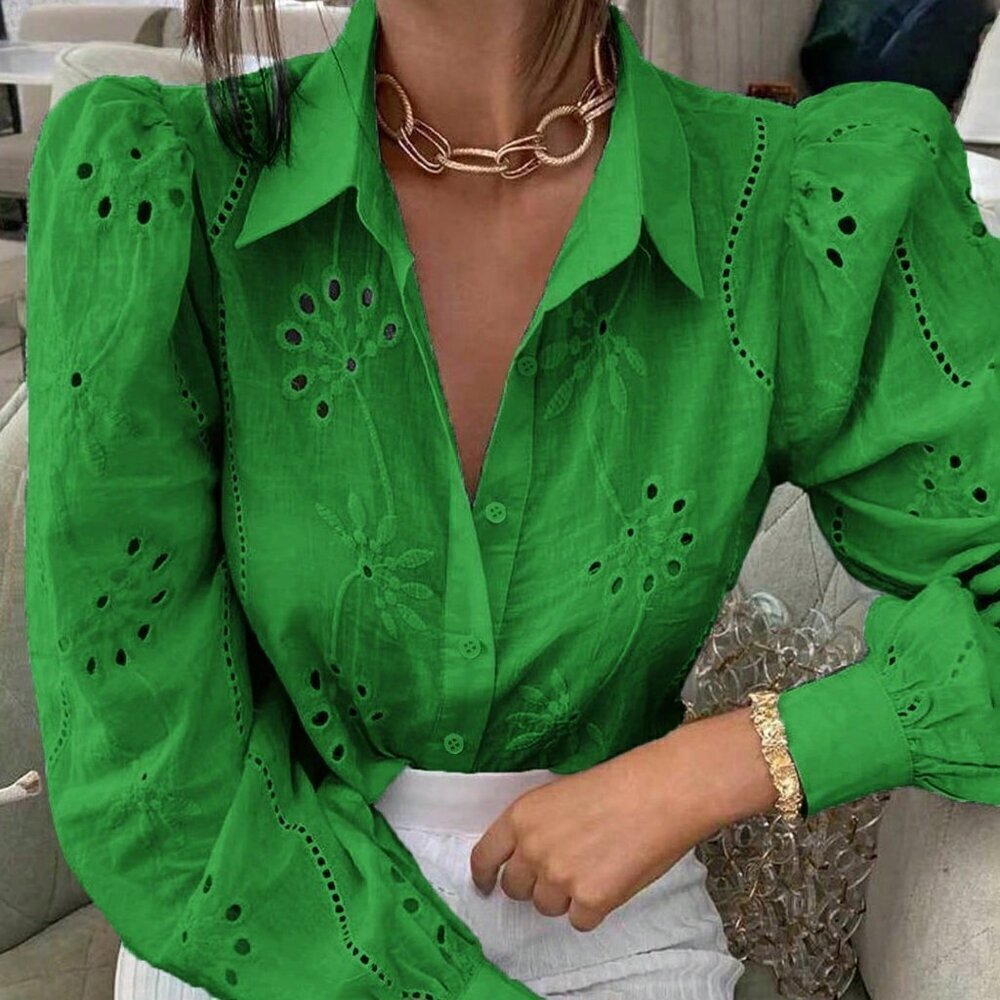 Green Casual Women's Hollow-Out Embroidery Turn-Down Collar Long Sleeve Top - Picture 3 of 5